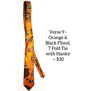 Verse 9 - Orange&Black Floral, 7 Fold Tie with Hanky
